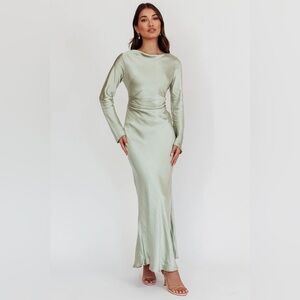 Loveland Cowl Back Long Sleeve Midi Dress in Sage Green Satin Size Medium US 6